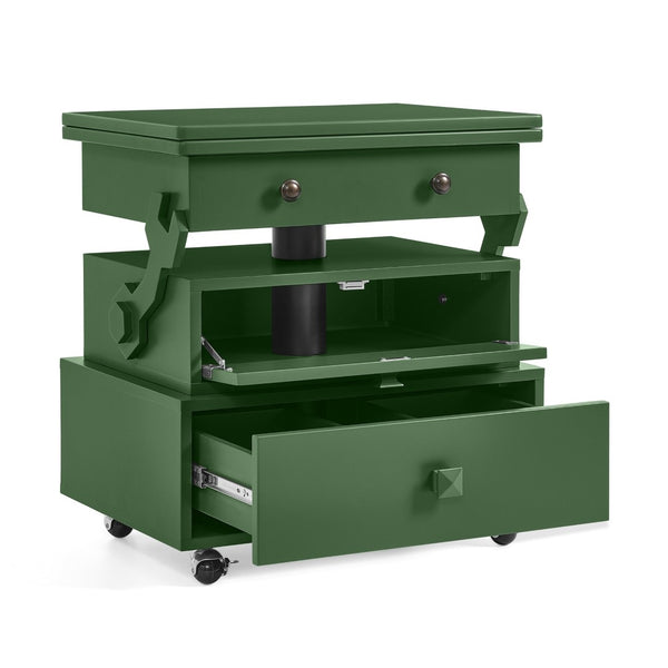 English Elm High-gloss Lacquered Rolling Lift Top End Table with Built-in Charging and Lockable Casters Green W1413P447454
