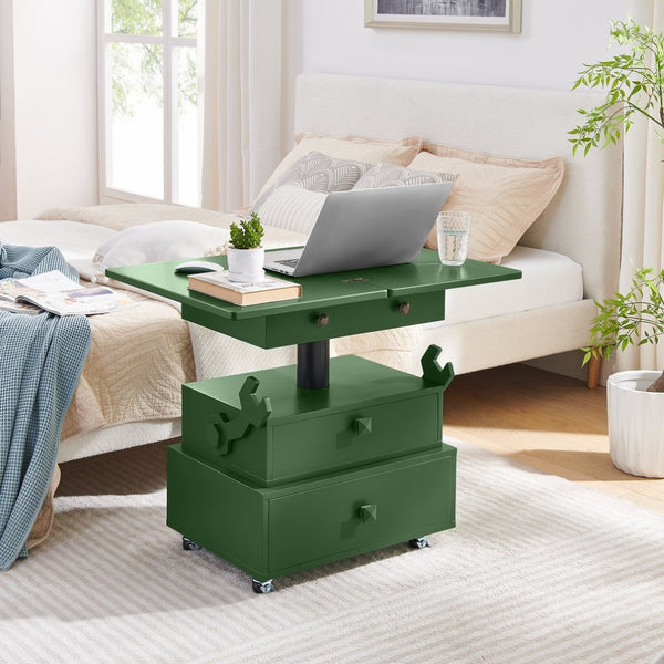English Elm High-gloss Lacquered Rolling Lift Top End Table with Built-in Charging and Lockable Casters Green W1413P447454