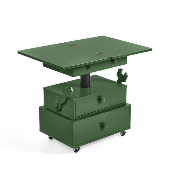 English Elm High-gloss Lacquered Rolling Lift Top End Table with Built-in Charging and Lockable Casters Green W1413P447454