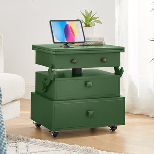 English Elm High-gloss Lacquered Rolling Lift Top End Table with Built-in Charging and Lockable Casters Green W1413P447454