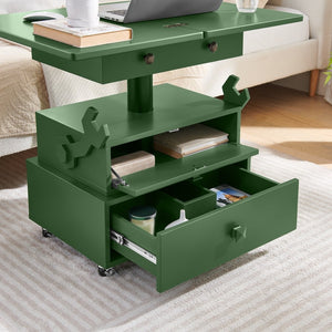 English Elm High-gloss Lacquered Rolling Lift Top End Table with Built-in Charging and Lockable Casters Green W1413P447454
