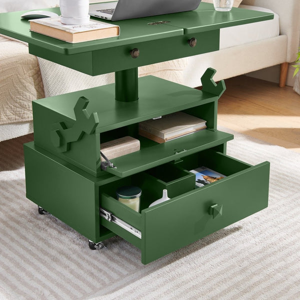 English Elm High-gloss Lacquered Rolling Lift Top End Table with Built-in Charging and Lockable Casters Green W1413P447454