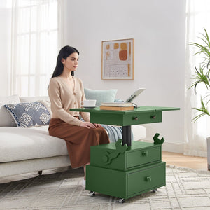 English Elm High-gloss Lacquered Rolling Lift Top End Table with Built-in Charging and Lockable Casters Green W1413P447454