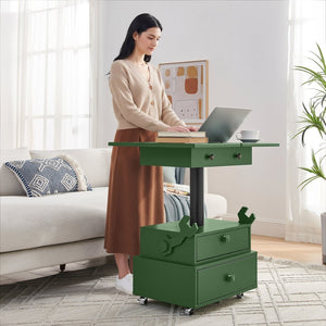 English Elm High-gloss Lacquered Rolling Lift Top End Table with Built-in Charging and Lockable Casters Green W1413P447454
