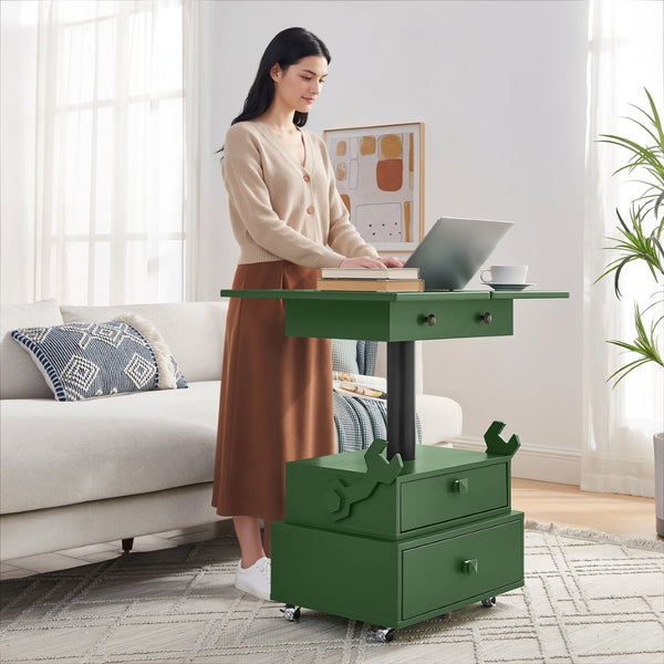 English Elm High-gloss Lacquered Rolling Lift Top End Table with Built-in Charging and Lockable Casters Green W1413P447454