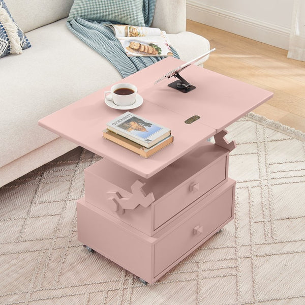 English Elm High-gloss Lacquered Rolling Lift Top End Table with Built-in Charging and Lockable Casters Pink W1413P447455