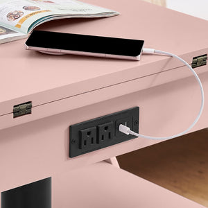 English Elm High-gloss Lacquered Rolling Lift Top End Table with Built-in Charging and Lockable Casters Pink W1413P447455