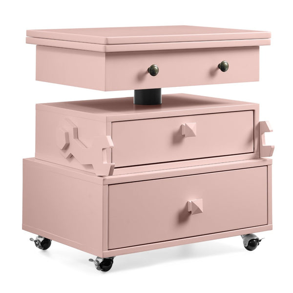 English Elm High-gloss Lacquered Rolling Lift Top End Table with Built-in Charging and Lockable Casters Pink W1413P447455