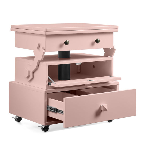 English Elm High-gloss Lacquered Rolling Lift Top End Table with Built-in Charging and Lockable Casters Pink W1413P447455