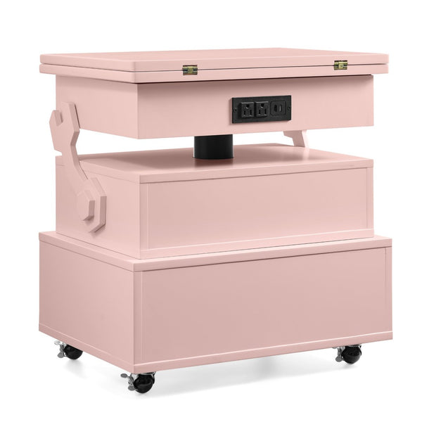 English Elm High-gloss Lacquered Rolling Lift Top End Table with Built-in Charging and Lockable Casters Pink W1413P447455