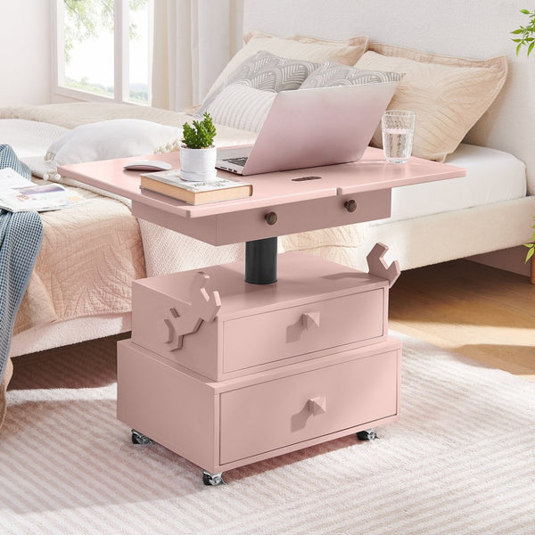 English Elm High-gloss Lacquered Rolling Lift Top End Table with Built-in Charging and Lockable Casters Pink W1413P447455