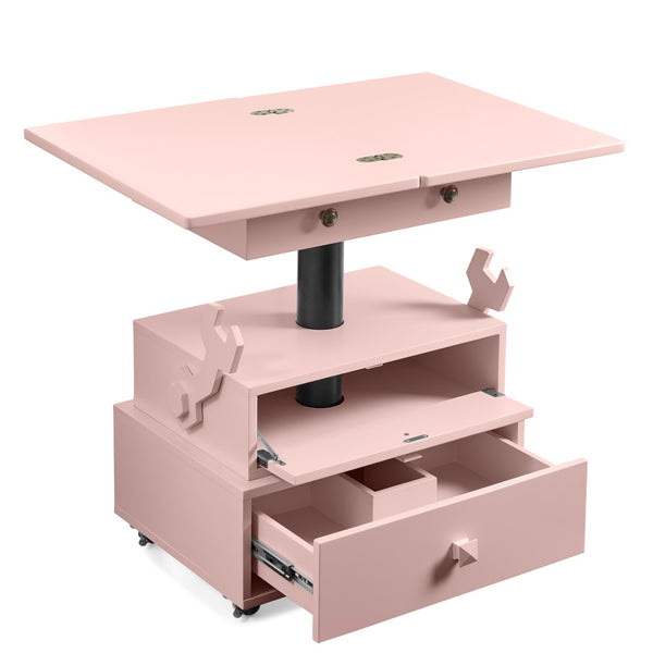 English Elm High-gloss Lacquered Rolling Lift Top End Table with Built-in Charging and Lockable Casters Pink W1413P447455