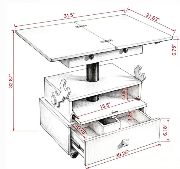 English Elm High-gloss Lacquered Rolling Lift Top End Table with Built-in Charging and Lockable Casters Pink W1413P447455