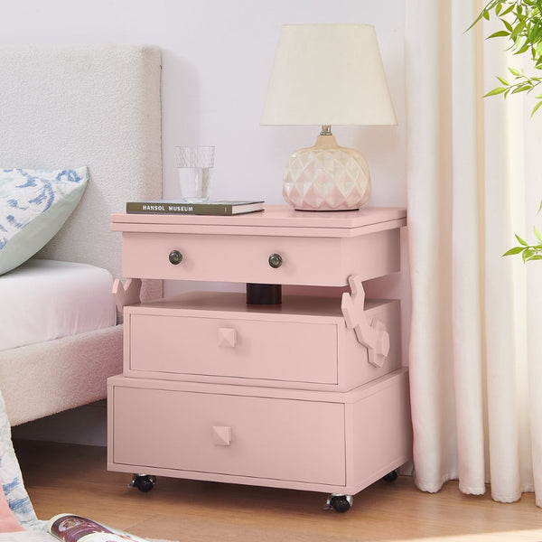 English Elm High-gloss Lacquered Rolling Lift Top End Table with Built-in Charging and Lockable Casters Pink W1413P447455