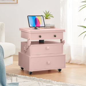 English Elm High-gloss Lacquered Rolling Lift Top End Table with Built-in Charging and Lockable Casters Pink W1413P447455