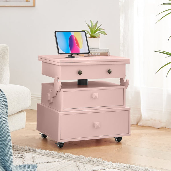 English Elm High-gloss Lacquered Rolling Lift Top End Table with Built-in Charging and Lockable Casters Pink W1413P447455