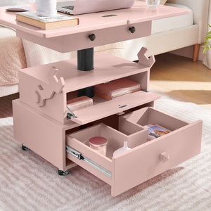 English Elm High-gloss Lacquered Rolling Lift Top End Table with Built-in Charging and Lockable Casters Pink W1413P447455