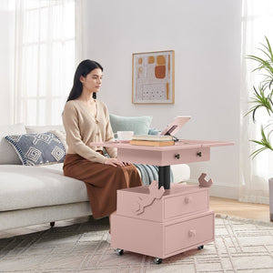 English Elm High-gloss Lacquered Rolling Lift Top End Table with Built-in Charging and Lockable Casters Pink W1413P447455
