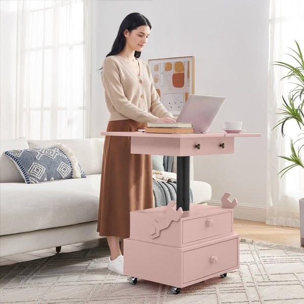 English Elm High-gloss Lacquered Rolling Lift Top End Table with Built-in Charging and Lockable Casters Pink W1413P447455