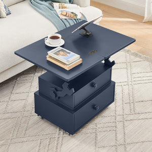 English Elm High-gloss Lacquered Rolling Lift Top End Table with Built-in Charging and Lockable Casters Blue W1413P447456