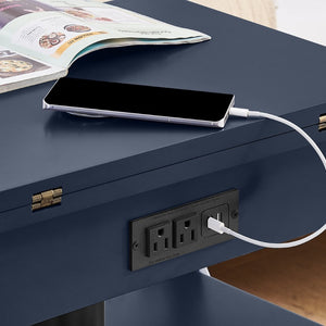 English Elm High-gloss Lacquered Rolling Lift Top End Table with Built-in Charging and Lockable Casters Blue W1413P447456
