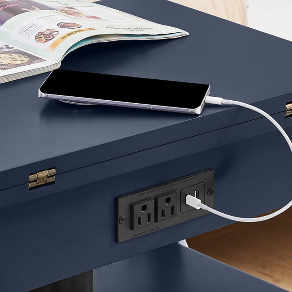 English Elm High-gloss Lacquered Rolling Lift Top End Table with Built-in Charging and Lockable Casters Blue W1413P447456