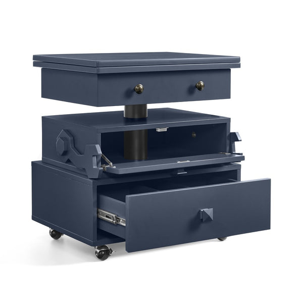 English Elm High-gloss Lacquered Rolling Lift Top End Table with Built-in Charging and Lockable Casters Blue W1413P447456