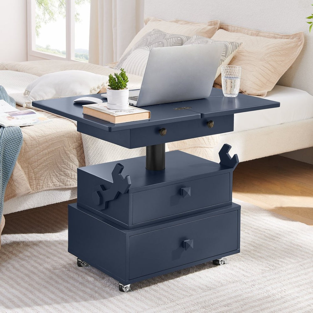 English Elm High-gloss Lacquered Rolling Lift Top End Table with Built-in Charging and Lockable Casters Blue W1413P447456