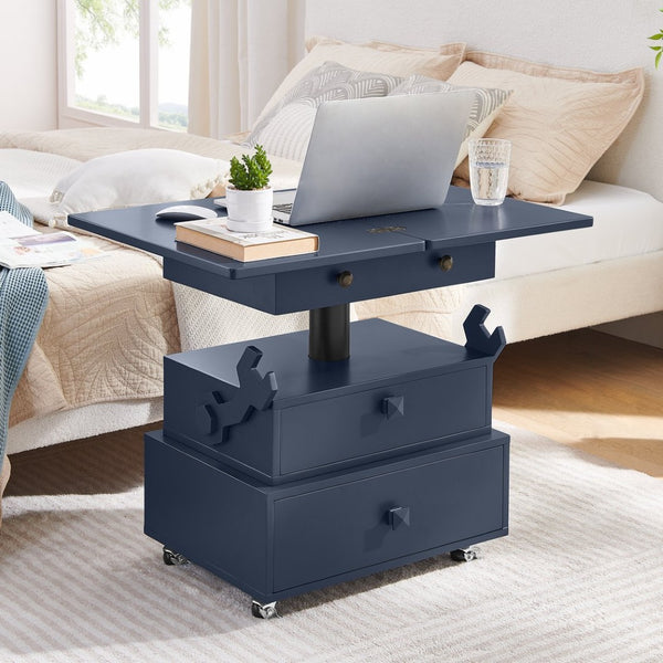 English Elm High-gloss Lacquered Rolling Lift Top End Table with Built-in Charging and Lockable Casters Blue W1413P447456