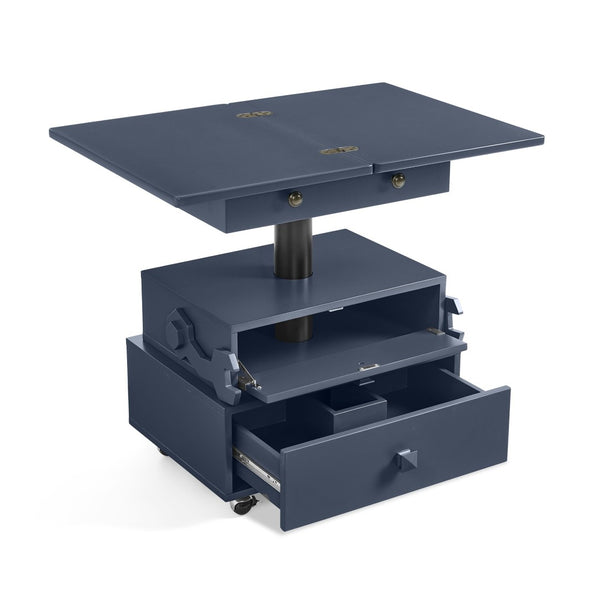 English Elm High-gloss Lacquered Rolling Lift Top End Table with Built-in Charging and Lockable Casters Blue W1413P447456