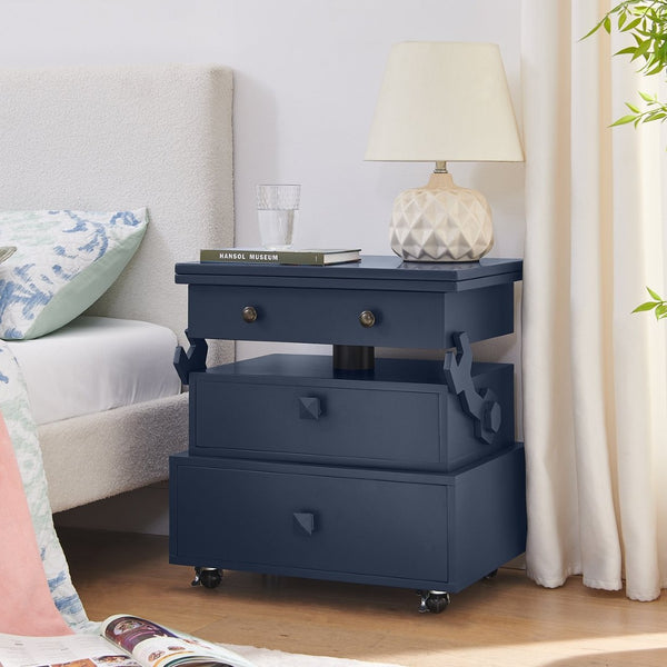 English Elm High-gloss Lacquered Rolling Lift Top End Table with Built-in Charging and Lockable Casters Blue W1413P447456