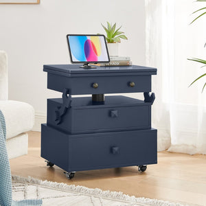 English Elm High-gloss Lacquered Rolling Lift Top End Table with Built-in Charging and Lockable Casters Blue W1413P447456