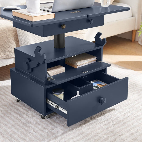 English Elm High-gloss Lacquered Rolling Lift Top End Table with Built-in Charging and Lockable Casters Blue W1413P447456