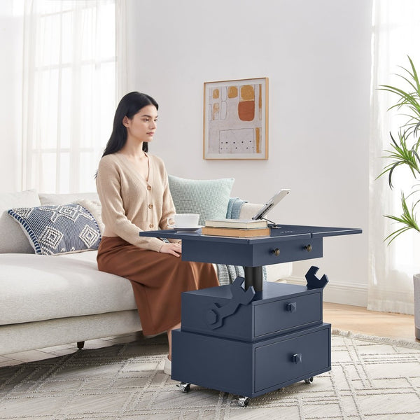 English Elm High-gloss Lacquered Rolling Lift Top End Table with Built-in Charging and Lockable Casters Blue W1413P447456