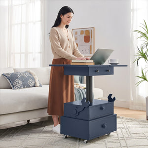 English Elm High-gloss Lacquered Rolling Lift Top End Table with Built-in Charging and Lockable Casters Blue W1413P447456