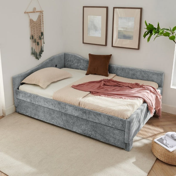 English Elm Spare Chenille Upholstered Daybed with Pull Out Trundle for Guest Rooms and Studios W1413P447462