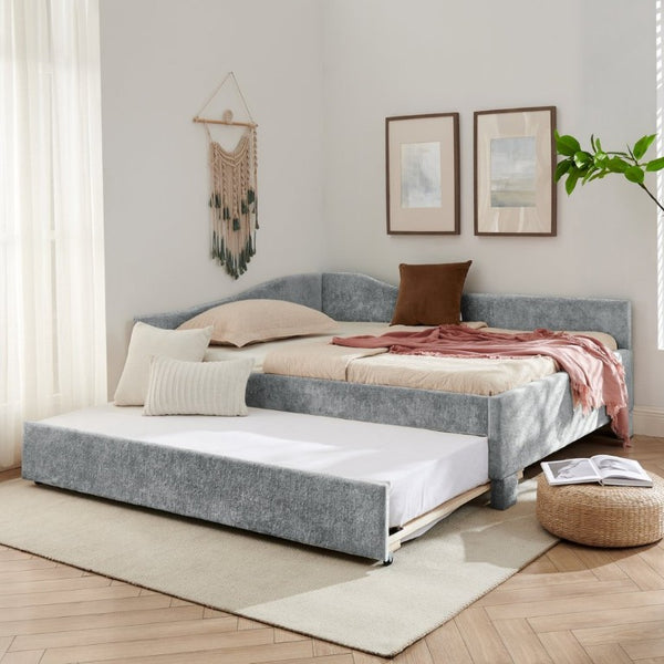 English Elm Spare Chenille Upholstered Daybed with Pull Out Trundle for Guest Rooms and Studios W1413P447462