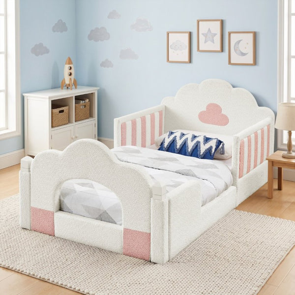 English Elm Spare Parts Tufted Upholstered Daybed with Storage Drawers Mid-Century Nailhead Design White Boucle W1413P500646