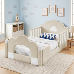 English Elm Twin Kids Boucle Upholstered Bed Solid Wood Frame with Full Guardrails Sculpted Silhouette Camel Cloud Bed W1413P500648