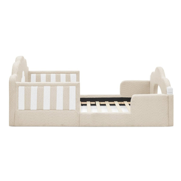 English Elm Twin Kids Boucle Upholstered Bed Solid Wood Frame with Full Guardrails Sculpted Silhouette Camel Cloud Bed W1413P500648