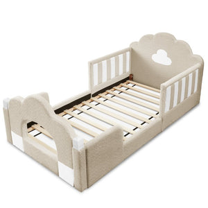 English Elm Twin Kids Boucle Upholstered Bed Solid Wood Frame with Full Guardrails Sculpted Silhouette Camel Cloud Bed W1413P500648