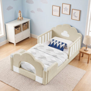 English Elm Twin Kids Boucle Upholstered Bed Solid Wood Frame with Full Guardrails Sculpted Silhouette Camel Cloud Bed W1413P500648