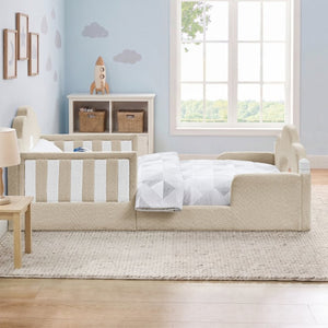 English Elm Twin Kids Boucle Upholstered Bed Solid Wood Frame with Full Guardrails Sculpted Silhouette Camel Cloud Bed W1413P500648