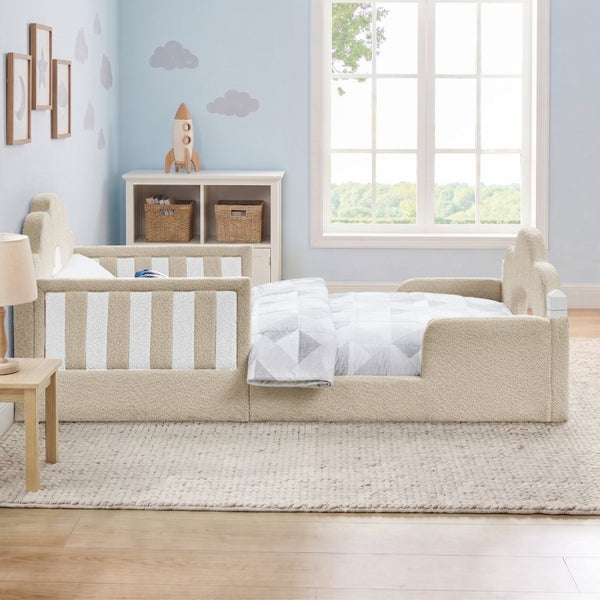 English Elm Twin Kids Boucle Upholstered Bed Solid Wood Frame with Full Guardrails Sculpted Silhouette Camel Cloud Bed W1413P500648
