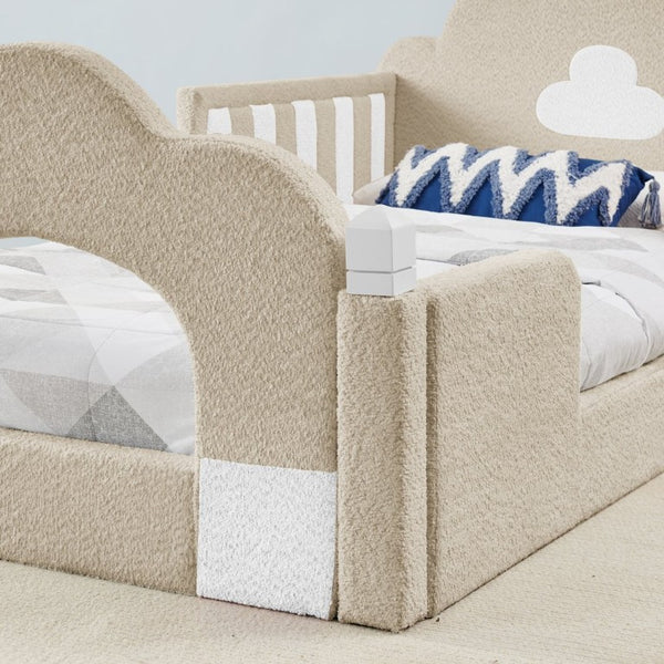 English Elm Twin Kids Boucle Upholstered Bed Solid Wood Frame with Full Guardrails Sculpted Silhouette Camel Cloud Bed W1413P500648
