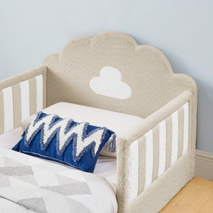 English Elm Twin Kids Boucle Upholstered Bed Solid Wood Frame with Full Guardrails Sculpted Silhouette Camel Cloud Bed W1413P500648