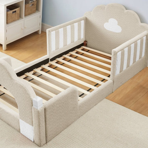 English Elm Twin Kids Boucle Upholstered Bed Solid Wood Frame with Full Guardrails Sculpted Silhouette Camel Cloud Bed W1413P500648