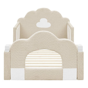 English Elm Twin Kids Boucle Upholstered Bed Solid Wood Frame with Full Guardrails Sculpted Silhouette Camel Cloud Bed W1413P500648
