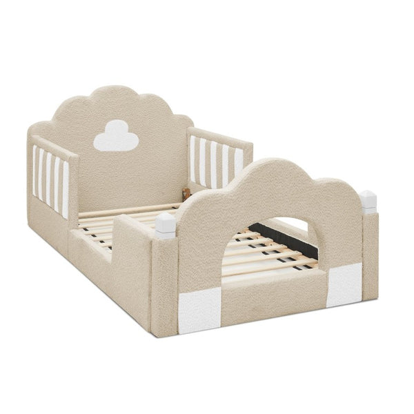 English Elm Twin Kids Boucle Upholstered Bed Solid Wood Frame with Full Guardrails Sculpted Silhouette Camel Cloud Bed W1413P500648
