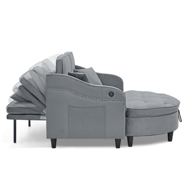 English Elm Two-Seater Sofa with Reclining Back USB Port Footstool Storage and Side Pockets W1413P533023